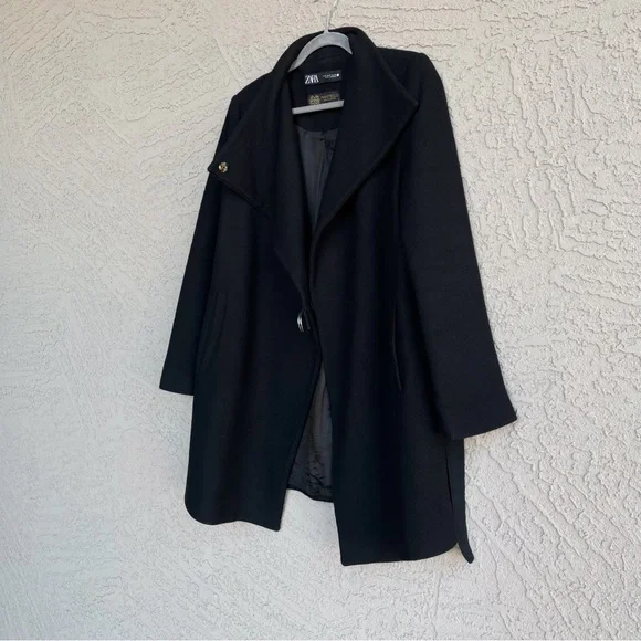 ZARA MANTECO Italian Luxury Wool Black Asymmetrical Belted Jacket Colins Coat M - Picture 7 of 16
